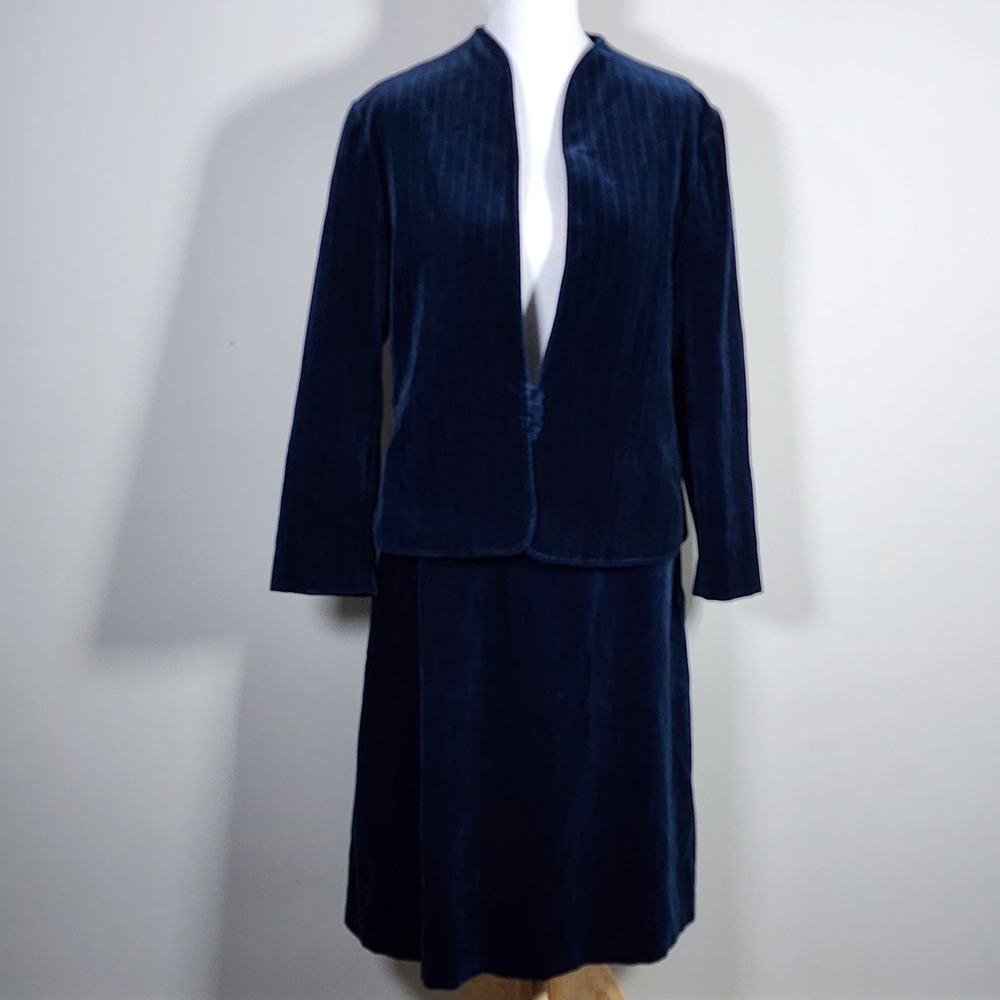 Vintage Velvet Skirt Suit Set Blazer Womens 12 Blue Pinstripe Two Piece Gothic